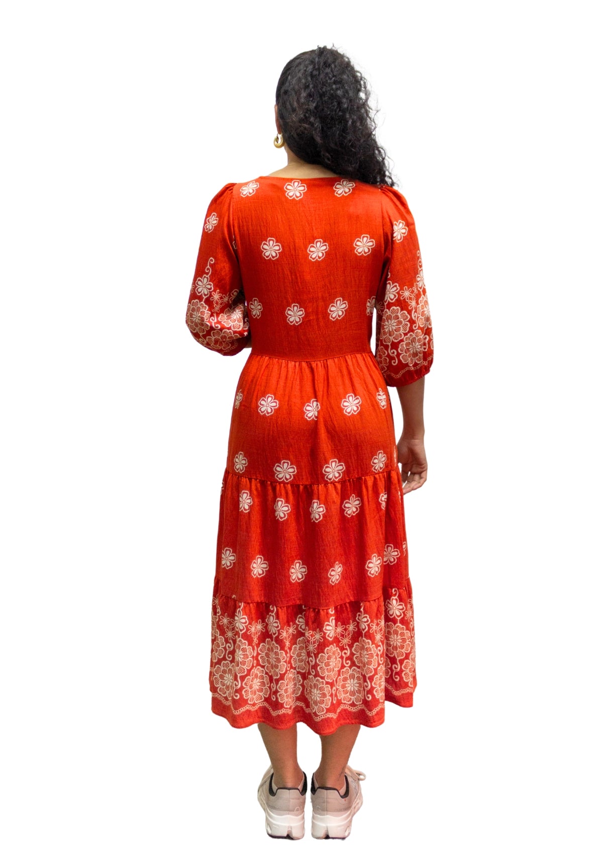 5839-3: Fiery Charm: The Orange Folk-Print Tiered Dress