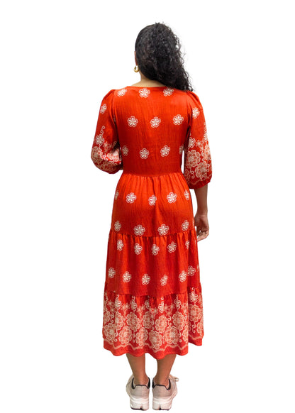 5839-3: Fiery Charm: The Orange Folk-Print Tiered Dress