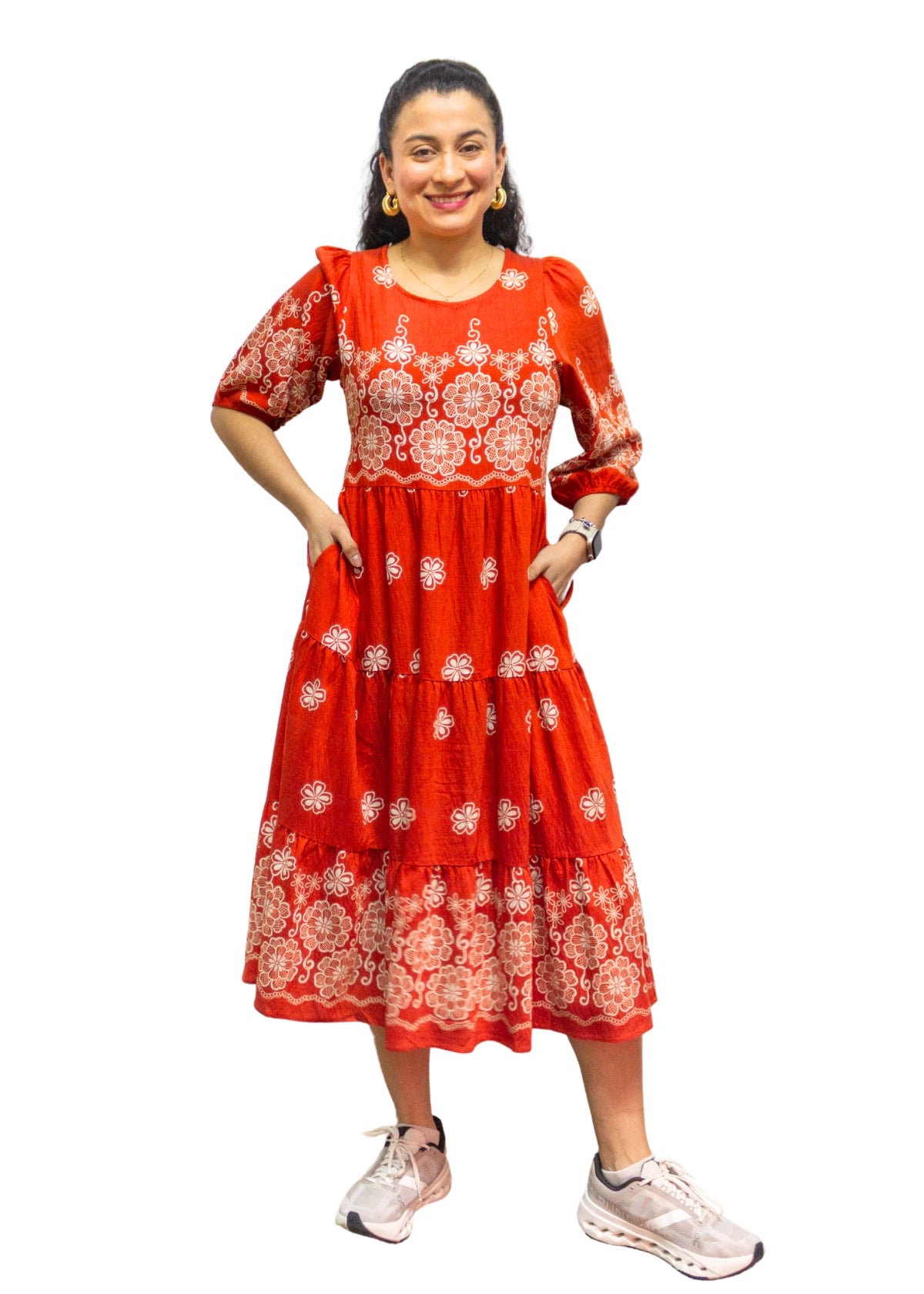 5839-3: Fiery Charm: The Orange Folk-Print Tiered Dress