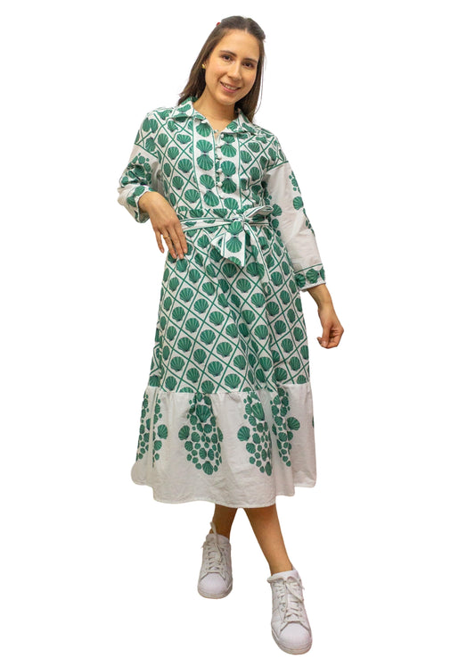 5843-1: COTTON Green Shell Print Belted Midi Dress