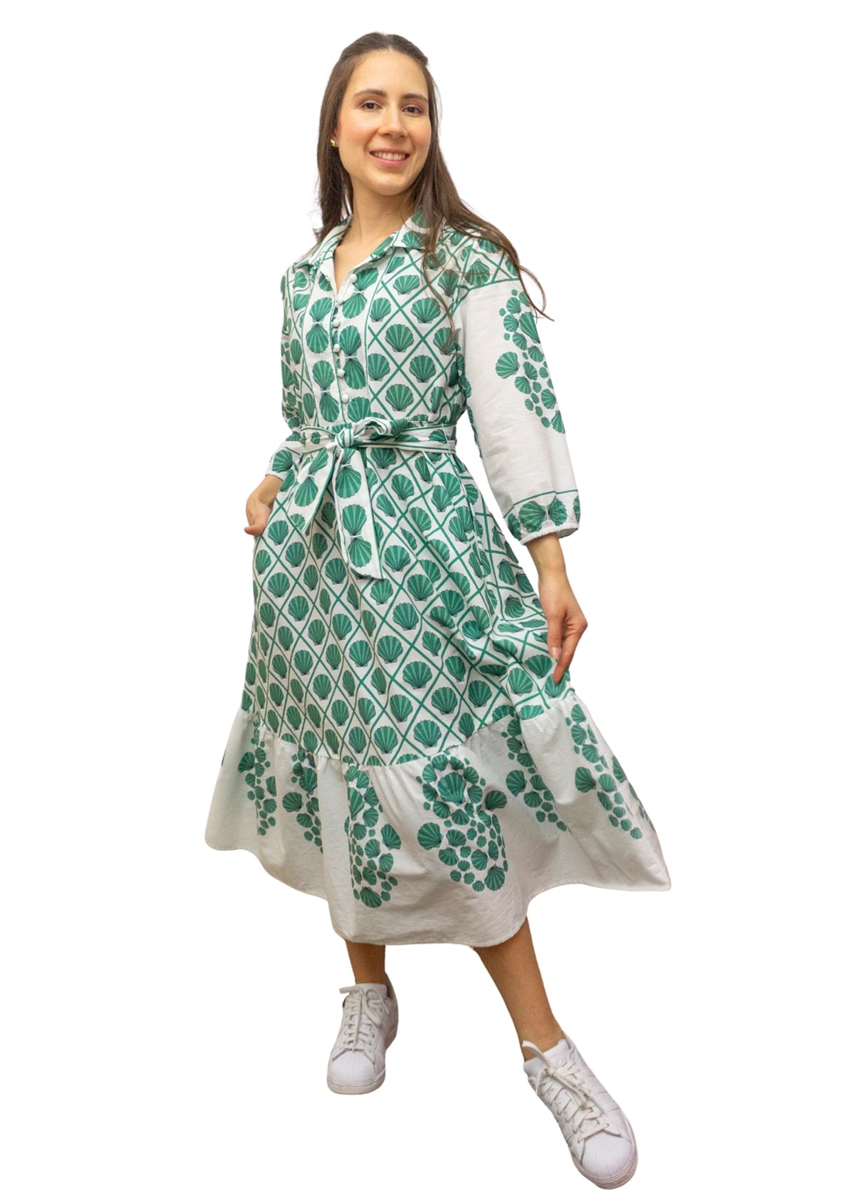 5843-1: COTTON Green Shell Print Belted Midi Dress