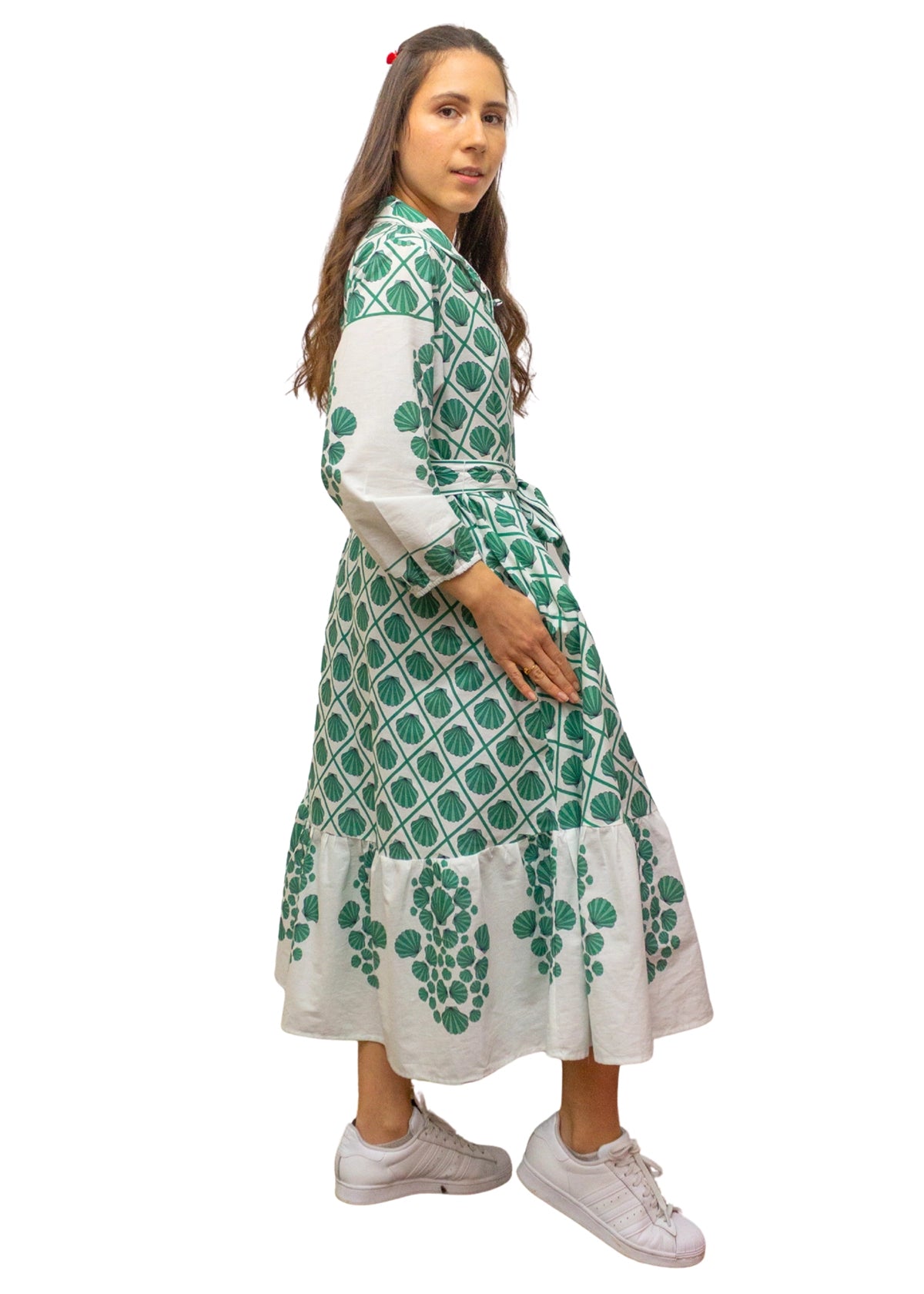 5843-1: COTTON Green Shell Print Belted Midi Dress