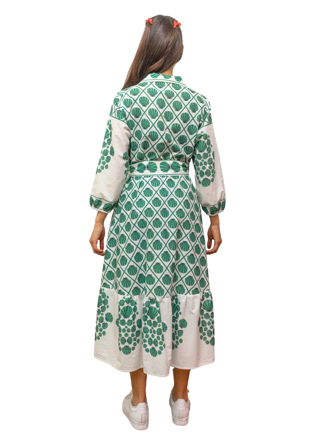 5843-1: COTTON Green Shell Print Belted Midi Dress