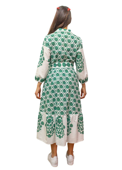 5843-1: COTTON Green Shell Print Belted Midi Dress