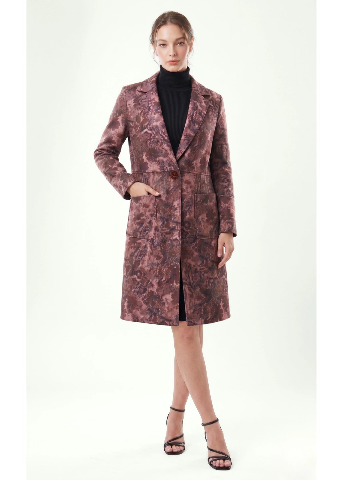 5864-1: POLYESTER COTTON Pink Floral Print Long Sleeve Coat