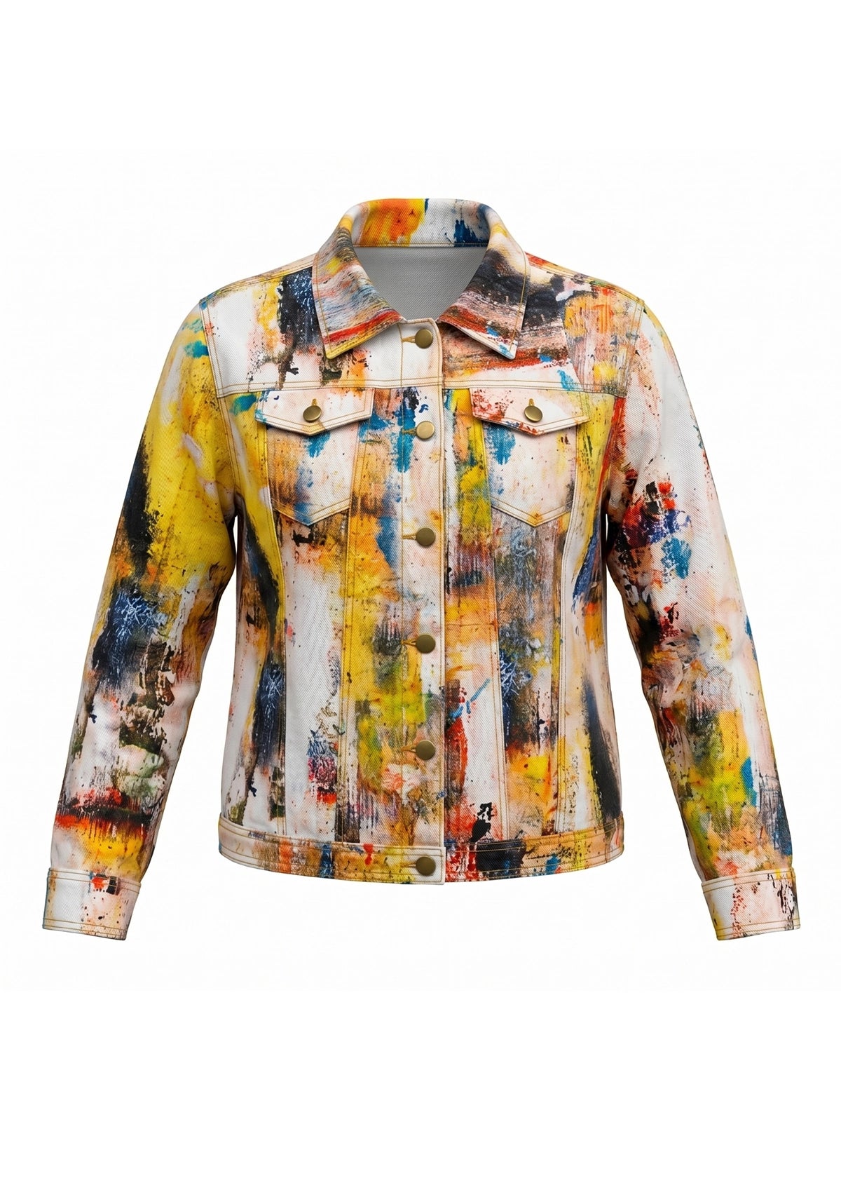 Colorful abstract-patterned jacket on a white background