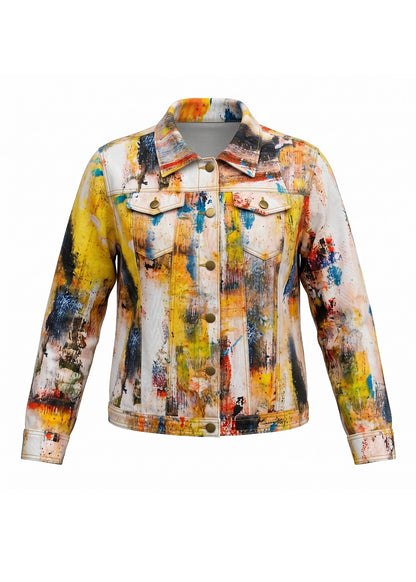 Colorful abstract-patterned jacket on a white background