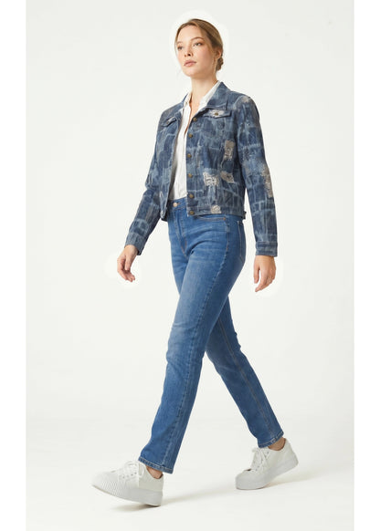 Woman wearing a blue denim jacket and jeans on a white background