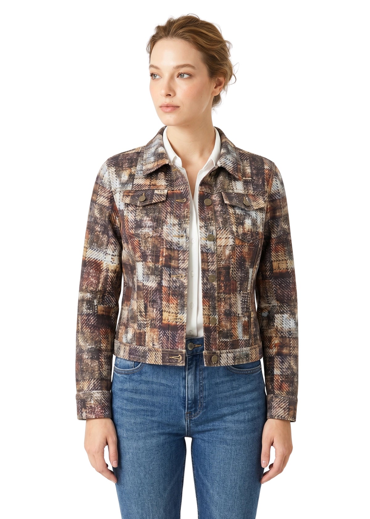 Woman wearing a plaid jacket and jeans on a white background