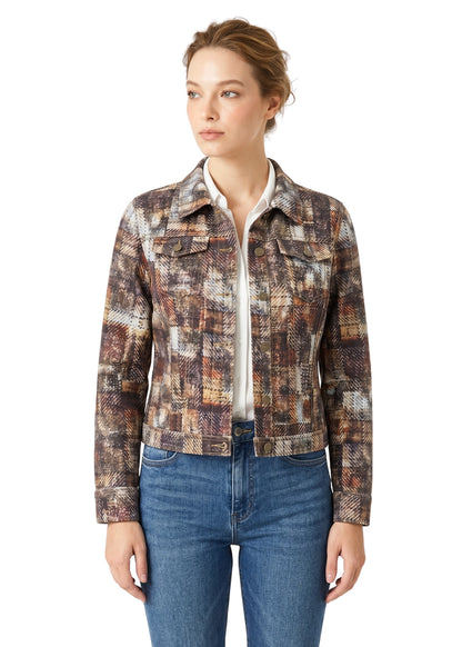 Woman wearing a plaid jacket and jeans on a white background