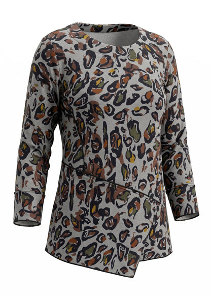 Long-sleeve shirt with a colorful abstract pattern on a white background