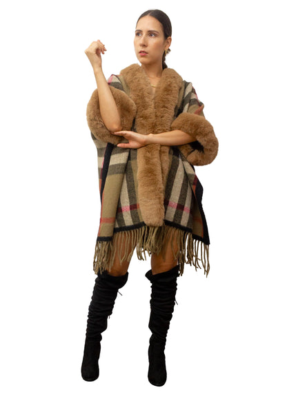Woman wearing a fur-trimmed coat with a plaid pattern on a white background