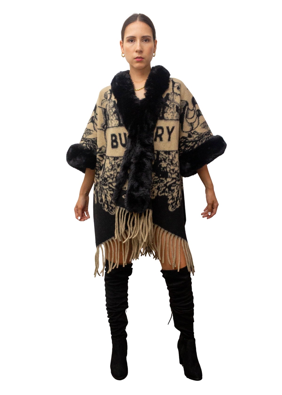6206-1: Luxury WOOL Poncho with Faux Fur Trim
