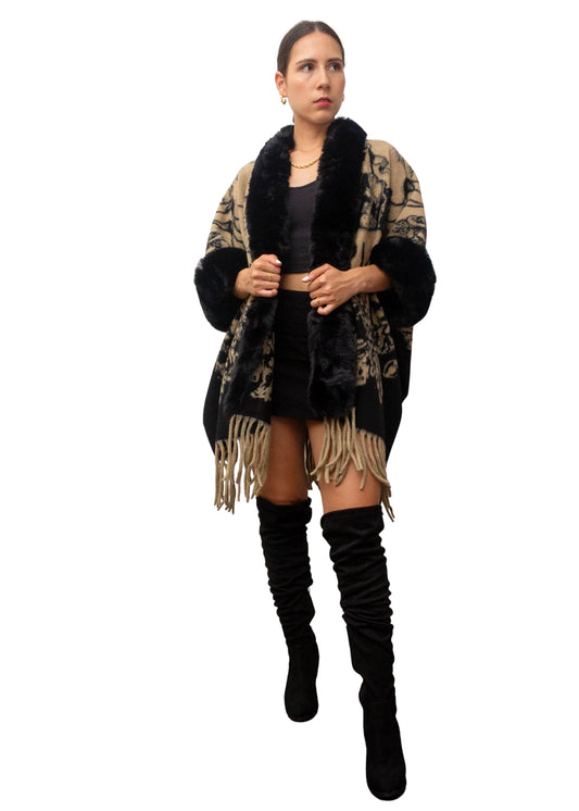 6206-1: Luxury WOOL Poncho with Faux Fur Trim